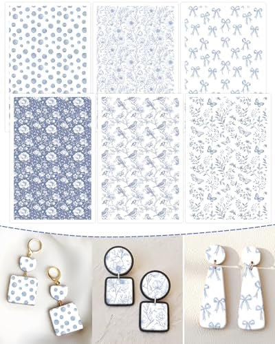Puocaon Blue Flower Transfer Paper - White Blue Floral Transfer Sheets for Polymer Clay Earrings Jewley Making