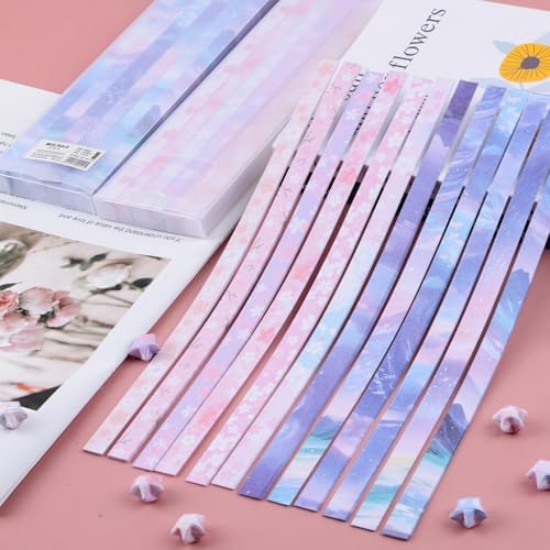 Origami Star Paper Strip, 1200Pcs Double-Sided Printing Lucky Star Paper Strips Sakura and Starlight Themed Origami for DIY Craft, 24 Patterns