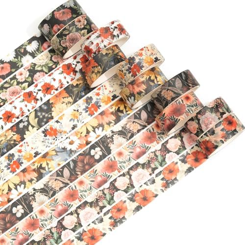 10 Rolls Blooming Flowers Washi Tape Set Floral Arts Adhesive Tapes Colorful Garden Decorative Masking Tape Sets for Craft, Kids, Scrapbook, DIY, Gift Wrapping (3-Blooms)