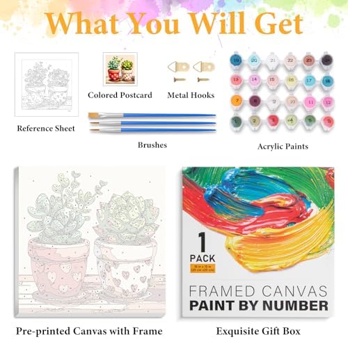 Framed Paint by Numbers Kit for Adults, Succulent & Plant Art 10x10 Inch