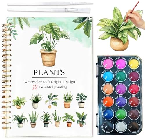 Easy Watercolor Workbook for Beginners - 12 Beautiful Step-by-Step Paintings Water Coloring Book, Includes 18 Colors Paints, Relaxing Art Projects and Creative Gift for Adults & Teen (Plants)