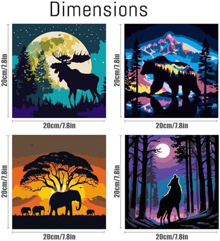 FQOVKYN 4 Packs Framed Paint by Number Kits for Adults, DIY Animals Adult's Paint by Numbers for Beginners, Easy Acrylic Watercolor Paint by Numbers Canvas Arts and Crafts for Wall Decor Gift (8x8in)