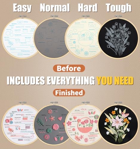 pindda Embroidery Kit for Beginners Adults, with Embroidery Patterns, Embroidery Hoop, Tools, Colorful Threads, Step by Step Instructions, Beginner-Friendly DIY Gift Hobbies for Women