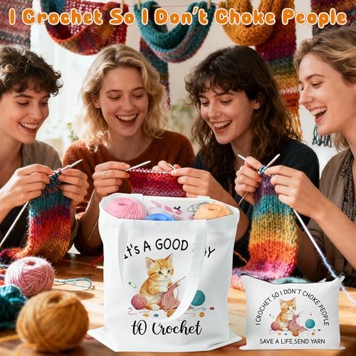 Y1tvei Crochet Canvas Tote Bag - 2Pcs Cosmetic Pouch Tote Bag Reusable Grocery Folding Shopping Bag for Crocheters Women