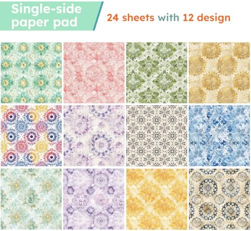 Colorful Flowers Scrapbooking Paper Pad, 24 Sheets 6in Geometric Aesthetic Decor for Collage Decoupage Journals Wrapping Folded Materials Arts Origami Gift Cardstock DIY Crafts Photo Album