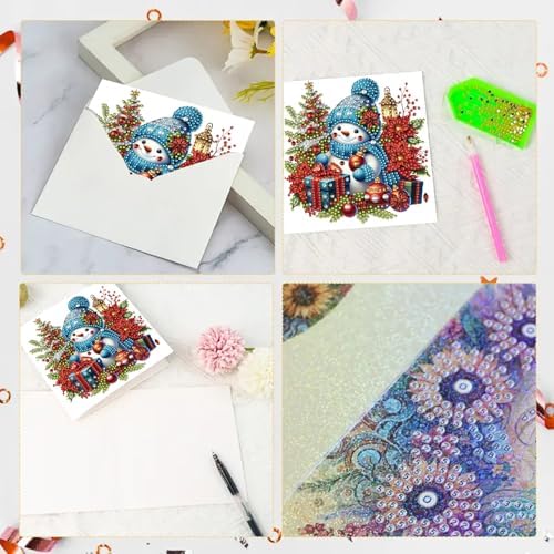 6Pcs Christmas Greeting Card DIY Diamond Art Painting Greeting Cards Blessing Folding Card Kit with White Envelopes Diamond Arts Crafts for Birthday Festival Gift-Snowman