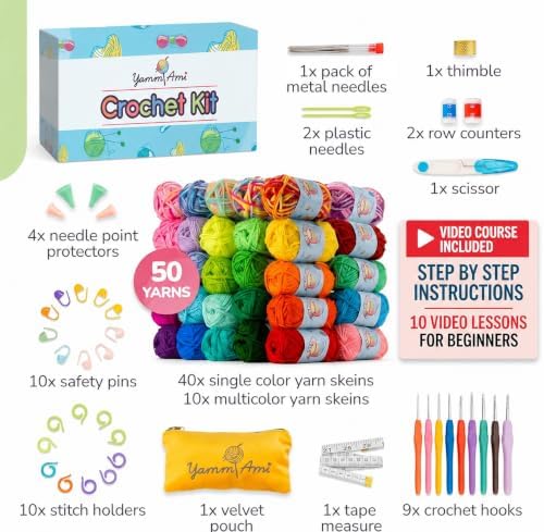 YammiAmi 1,800 Yards Beginner Crochet Kit for Adults, 103-Piece Starter Set with 50 Skeins of Yarn, Accessories, and 10 Amigurumi E-Book Patterns with Video Tutorials