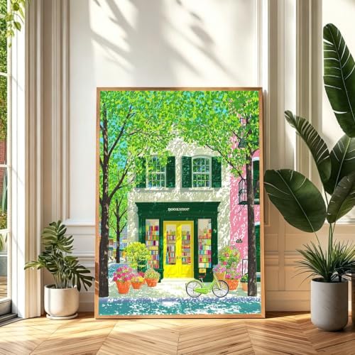 Amaieuin Book Shop Paint by Numbers Kit for Adults,Canvas Paint by Numbers for Adults,Bookstore Adult Paint by Numbers DIY Flower Painting Kit for Relax Gifts and Home Wall 20x16in