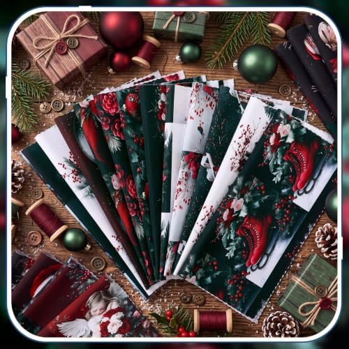 HunnmingRe 20 Pcs 10''x10'' Burgundy Christmas Quilting Fabric Square Gothic Precuts Quilted Fabric Bundle Santa Angel Printed Sewing Material for Winter Patchwork Scrapbook Junk Journal DIY Craft
