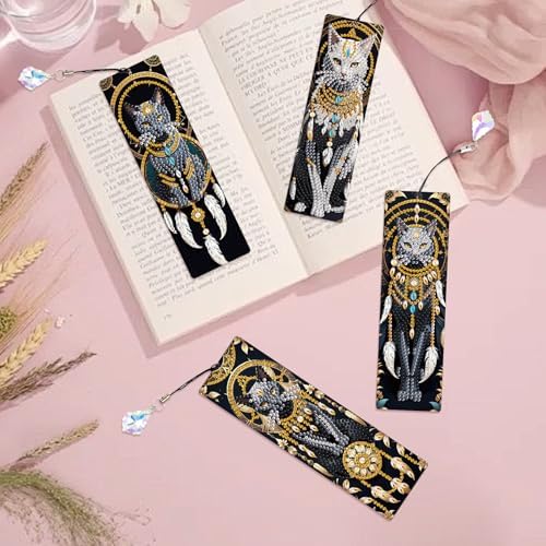 4-Piece Dreamcatcher Cat Diamond Painting Bookmarks Set for Adults – DIY 5D Rhinestone Art Bookmark Kits with Tassels, Beautiful Diamond Art Bookmarks for Crafts and Gifts