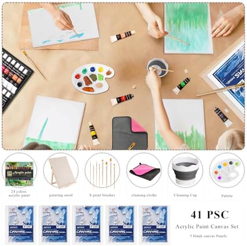 LEYEDZ Acrylic Paint Set for Kids & Adults,Art Supplies Kit with Canvas | 24 Acrylic Paints,8 Brushes,5 Canvas Panels,Palette,Cup & Towel,Foldable Adjustable Table Easel for School Travel