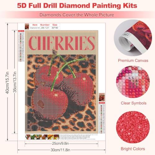 Vintage Cherries Diamond Art Kits for Adults, Diamond Painting Kit Adults for Beginners, Round 5D DIY Dimond art,Full Drill Painting Kit Art and Crafts for Adults Home Wall Decor【11.8x15.7inch】