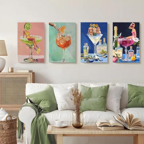 4 Pack Cocktail Paint by Numbers Kit for Adults Framed with Easel 8x12 in