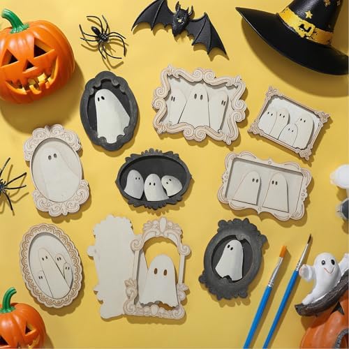 Simgoing 12 Set Adult Halloween Craft, Wood Ghost DIY Frame, Cute Style
