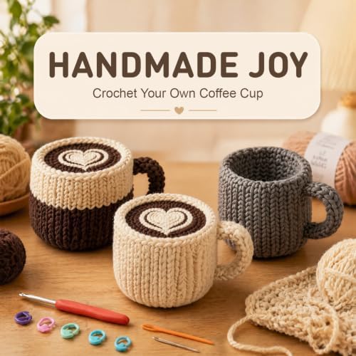 FACE N FACE DIY Crochet Coffee Mug Kit for Beginners – Handmade Yarn Cup Craft Set in Dark Gray with Yarn, Fiberfill & Step-by-Step Instructions – Easy Beginner Crochet Home Decor Gift for Adults