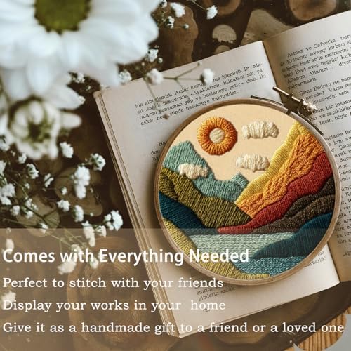 FONNUY Embroidery Kit for Beginners, Textured Vibrant Nature Landscape Pre-Stamped Pattern Kits for Adults with Hoop, Easy to Follow Color Thread Needlework, 8'' Hoop (Green 1)