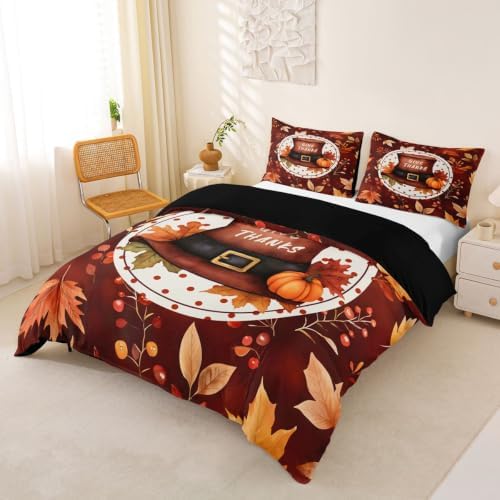 Erosebridal Thanksgiving Hat Duvet Cover Queen Size Watercolor Fall Maple Bedding Set for Adults Teens Women Autumn Pumpkin Comforter Cover Rustic Harvest Bedclothes Room Decor
