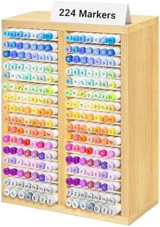 PROLEE Marker Organizer for 224 Markers, Wooden Alcohol Marker Holder with 32 Compartments, Horizontal Art Pen and Pencil Storage Rack for Desk, Classroom and Studio, Natural