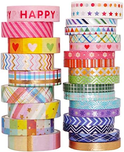 YUBBAEX Bright Mix Gold Washi Tape Set VSCO Foil Masking Tape Decorative for Arts, DIY Crafts, Journal Supplies, Planners, Scrapbook, Card/Gift Wrapping -5/10mm- (Rainbow 27 Rolls)