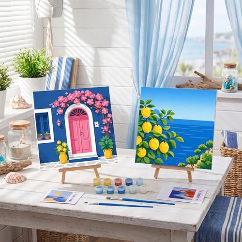 Nezyo 8 Sets 8 x 8 Inch Paint by Numbers Kit for Adult Beginners with Wooden Easels Acrylic Paint by Number Landscape Paintings Kits for DIY Party Home Decor Gift(Town)