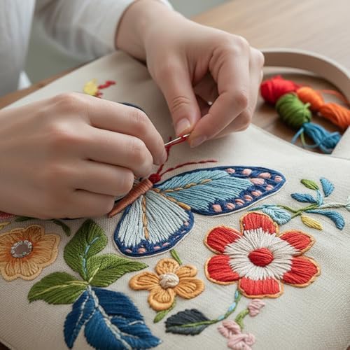 ARTopet Embroidery Tote Bag Kit for Beginners Butterfly Canvas Cross Stitch Handbag with Hoops Needles Threads Reusable Grocery Bag for Women-Butterfly03