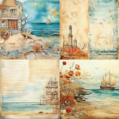 6x6 Scrapbook Paper Pad - Beach House Ocean Seashell 160gsm Cardstock, 24 Pcs Nautical Lighthouse Decorative Paper for Summer Travel Journal Supplies