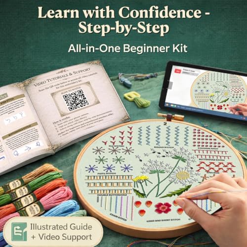 Embroidery Kit for Beginners Adults, 4 Pre-Printed Cloths, 41 Stitches