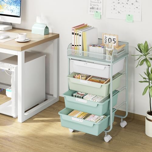 SYKIARIOL 4-Drawer Rolling Storage Cart with Mesh Top,Green
