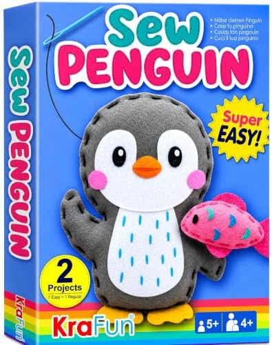 KRAFUN Beginner Sewing Kit, Sew Penguin & Fish, Pre-Cut Felt, Kids Ages 5+