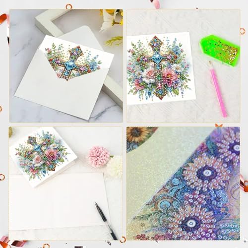 Diamond Art Cards with Envelopes–6PCS DIY Diamond Painting Greeting Cards Kit | Card Making Kit with Bling for Adults & Beginners | Birthday,Holiday & Thank You Cards (Flower and Cross)