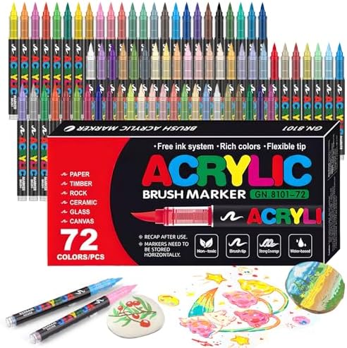 72 Colors Soft Brush Tip Acrylic Markers Set, Paint Pens for Rock, Wood, Fabric, Canvas, Glass, DIY Crafts, Waterproof Paint Markers, Vibrant Acrylic Pens for Artists and Art Projects
