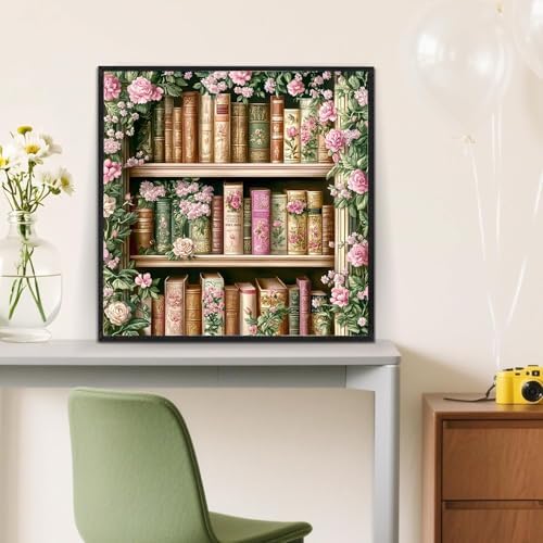 GEWOUVIN Vintage Flower Bookshelf Diamond Art Kits for Adults,Diamond Painting Kits for Adults Beginners, DIY Full 5D Round Drill Gem Art Kits for Gift Home Wall Decor【13.8x13.8inch】
