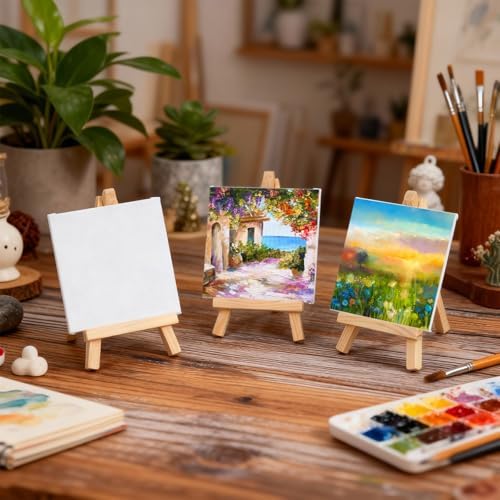 Motimind 36 Pcs 4 x 4 Mini Canvas and 6" Easel Set Bulk for Paint Party
