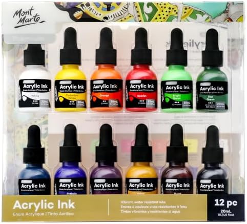 Mont Marte Acrylic Ink Premium 12pc x 20ml (0.7 US fl.oz), Acrylic Inks for Artists, Essential Colors, Ideal for Air Brush, Pouring Art, Scrapbooking, Ink Drawing, Mixed Media