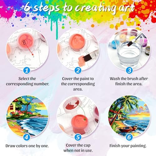 Yunnuo Landscape Paint by Numbers Kit for Adults Beginner,Beach Adult Paint by Numbers on Canvas with Acrylic Paint and 3 Brush,Cottage-Wooden Boat Painting by Numbers for Home Decor Gifts(20x16 inch)