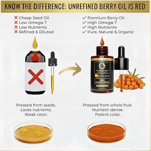 Organic Sea Buckthorn Oil Cold Pressed - 100% Pure Seabuckthorn Oil for Face, Skin & Hair | Anti-Aging, Acne & Dry Skin Care