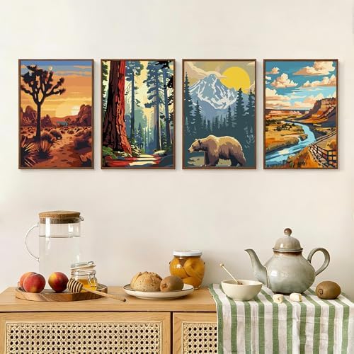 4 Pack Framed Paint by Numbers Kit for Adults Beginner with Wooden Easel, National Park Easy Adult Paint by Number Kits with Frame, DIY Number Painting for Adults Canvas for Home Decor Gift 8x12 Inch