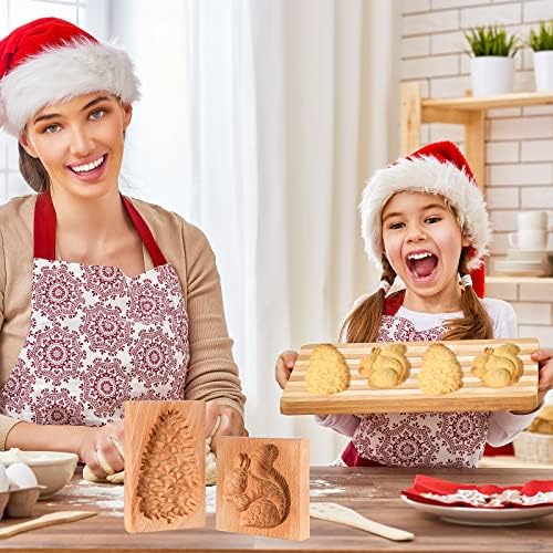 Meanplan Carved Wooden Cookie Mold, Baking Embossing Cookies Stamp Mold Cutter Funny 3D Heart Wood Rose Dessert Tools for Christmas Kitchen DIY Baking Tools(Squirrel, Pine Cone)