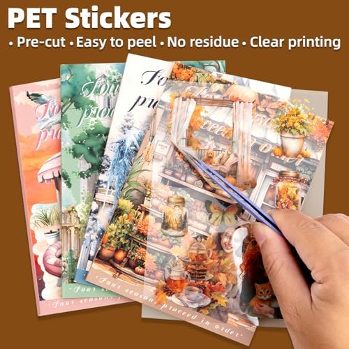 Four Seasons Style Stickers Scrapbooking Supplies for Junk Journal, Four Sticker Books, 80 Sheets PET Stickers