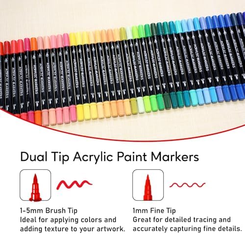 Recheel Acrylic Paint Markers, 72 Colors Dual Tip Fine & Brush Pens for Art | For Rock, Wood, Canvas, Glass, Ceramic & More, Perfect for Multi-Surface DIY Crafts and Creative Art Projects
