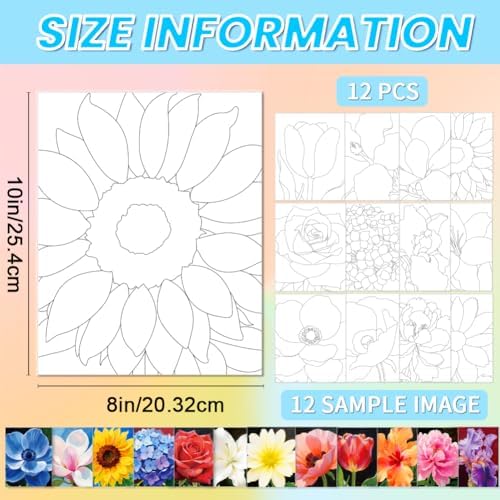 12pcs Pre Drawn Canvas to Paint for Adults, Pre Printed Canvas 8 X 10 Inch, Painting Kits for Adults Home Decor, Ladies Night Party Game, Ready to Paint for Beginners (Flower Close-up)