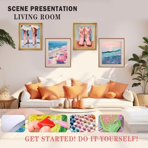 XUNLURY Pink Western Coastal Cowgirl Beach Diamond Art Kits 4 Pack 10x11.8 Inch,Coastal Cowgirl Granddaughter Room Decor,Preppy Ocean DIY Diamond Gem Painting Art Kits for Girls Kids Adults Beginners