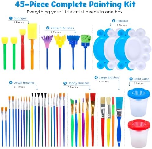 BigOtters 45PCS Kids Paint Brushes Set with Spill Proof Cups & Palettes