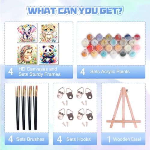 bleihum 4 Pack Paint by Numbers Kit for Kids with Frame Wooden Easel | Animal Paint by Number Kids Ages 8 12, Easy Animals Panda Elephant Acrylic Painting for Boys Girls Home Decor 8x8Inch