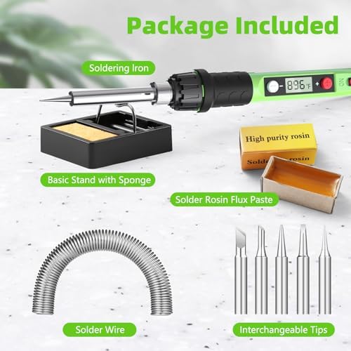 Soldering Iron Kit, 80W 110V LCD Digital Solder Iron Pen with Ceramic Heater, Portable Welding Tools with 5pcs Tips, Stand, Solders Wire, Sponge, Paste, for Metal,Electric Repairs, DIY, Green