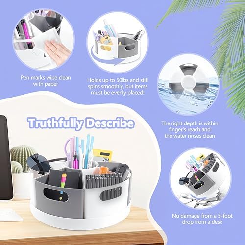 Rotating Art Supply Organizer Storage Caddy for Kids, 7 Bins Craft Crayon Marker Organizers for School Desk, Lazy Susan Pencil Holder for Classroom Organizations (gray and white)