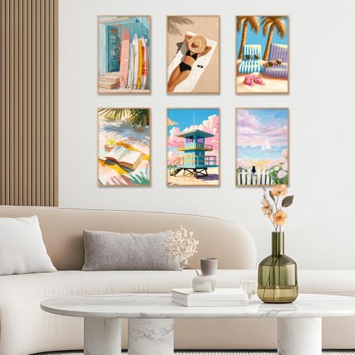 GEEHEIY 6 Pack Paint by Numbers Kit for Adults, Coastal Beach, 8 x 12 Inch | DIY Adult Paint by Number Kits on Canvas for Beginners, without Frame, Home Wall Decor, Stress Relief Craft Gift