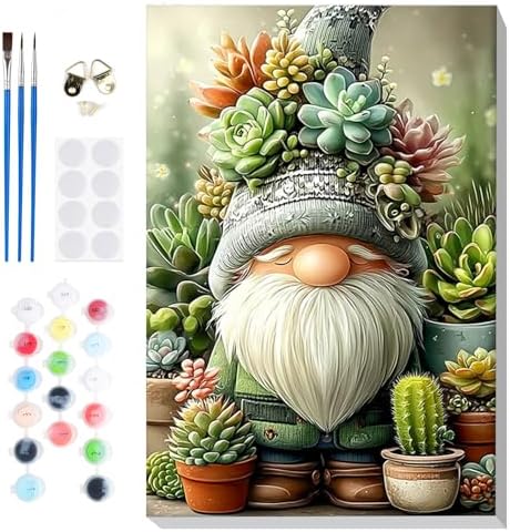 Bowetile Framed Paint by Numbers Gnome Kit for Adults, Adults' Paint-by-Number Kits on Canvas, Painting by Numbers Succulents, DIY Acrylic Number Painting for Home Wall Decor, 8x12in