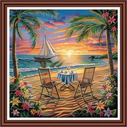 Dimensean Counted Cross Stitch Kit for Beginners, 11CT Unprinted Cross-Stitch Kit Easy Patterns Needlepoint Kit Cross Stitching Embroidery Kit Supplies-Drinking Tea on the Beach 18x18 inch