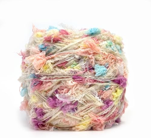 Soft Fancy Yarn for Crochet and Knitting, Novelty Art Yarn for DIY Crafts, Textured Decorative Yarn for Weaving, Handmade Projects and Home Decor (Cream Pink)